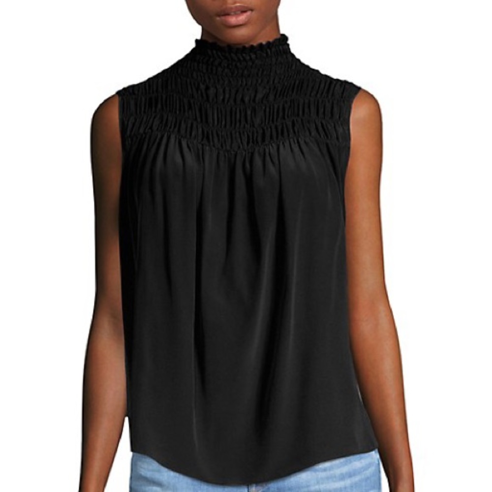 Frame Smocked Silk Semi Sheer Top